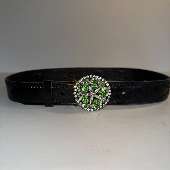 B-Low The Belt Black Leather Rhinestone Embossed Boho Belt Size 34 Floral Buckle - Picture 3 of 8
